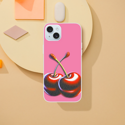 Retro Cherries iPhone Case for 13-16, Y2K aesthetic, pink matte finish with cherry design, slim TPU