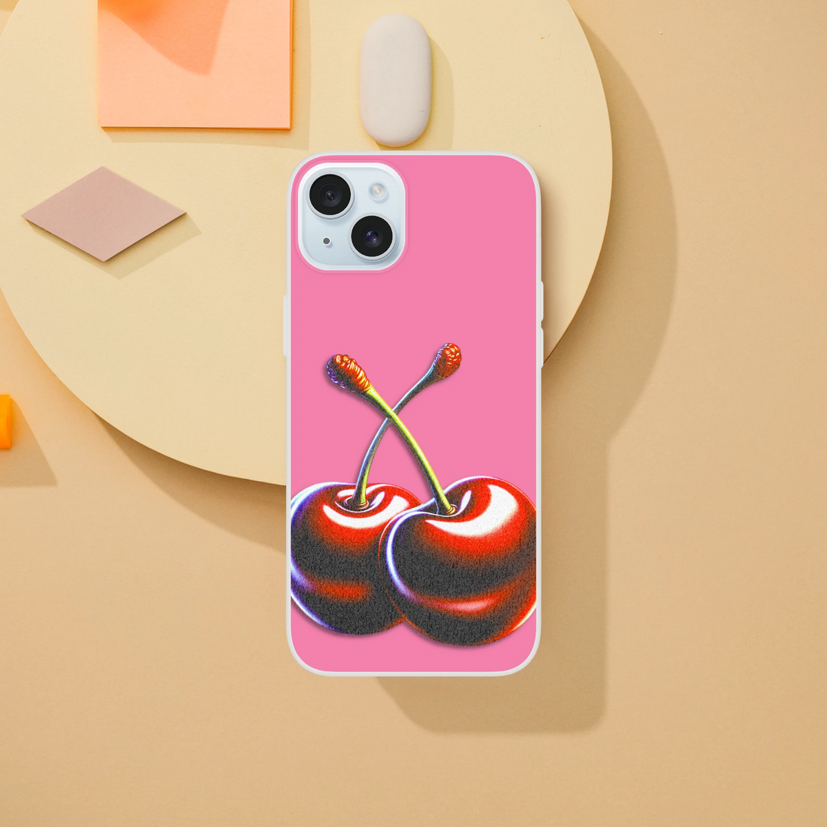 Retro Cherries iPhone Case for 13-16, Y2K aesthetic, pink matte finish with cherry design, slim TPU