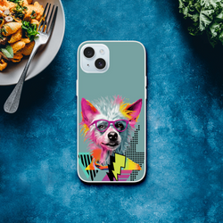 Retro dog aesthetic iPhone case for iPhone 13-16; slim matte finish with a colorful, glasses-wearing dog illustration
