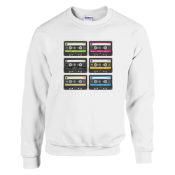 White crewneck sweatshirt featuring a grid of six retro cassette tape graphics in green, pink, black, yellow, beige, and blue for a 90s music aesthetic.