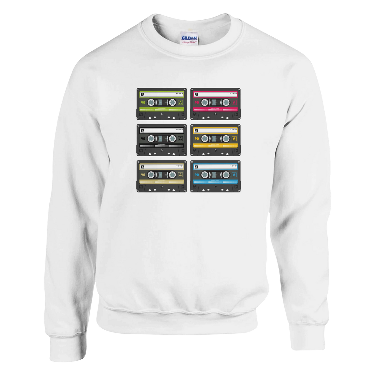 White crewneck sweatshirt featuring a grid of six retro cassette tape graphics in green, pink, black, yellow, beige, and blue for a 90s music aesthetic.