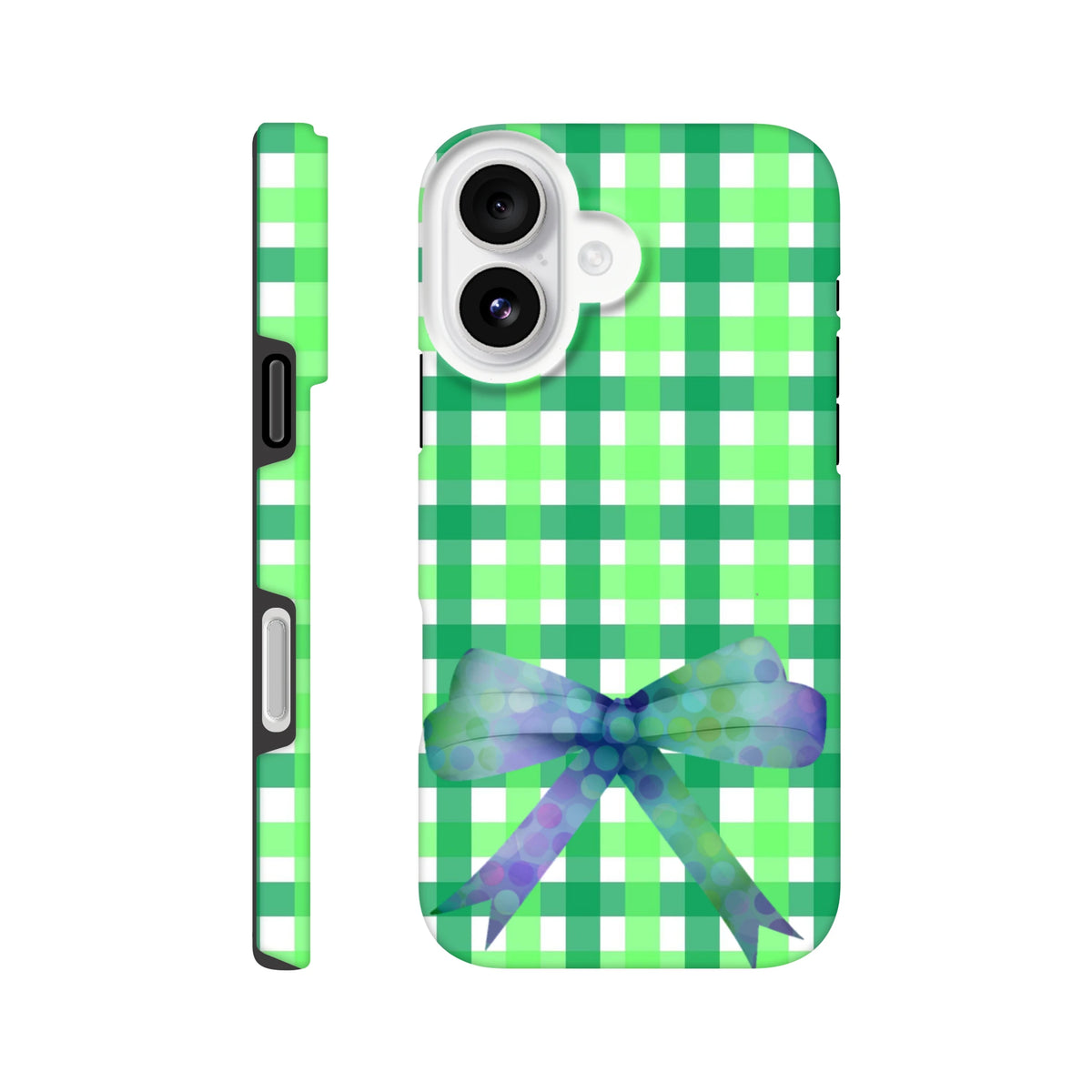 Green gingham iPhone case with a purple polka dot bow, featuring a coquette aesthetic and tough protection for seamless style.