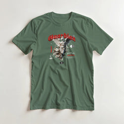 Grey-green men's gothic angel graphic tee in soft cotton blend with red winged angel print.