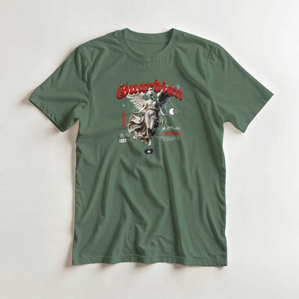 Grey-green men's gothic angel graphic tee in soft cotton blend with red winged angel print.
