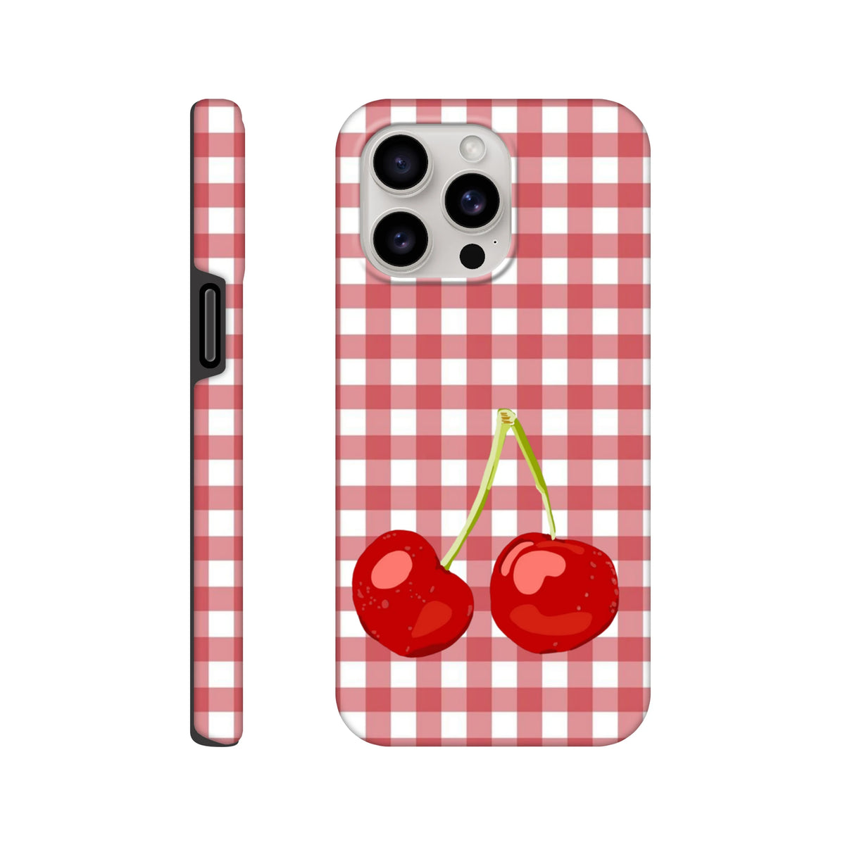 Red and white gingham iPhone case featuring two glossy red cherries. Tough checkered cover for drop protection.