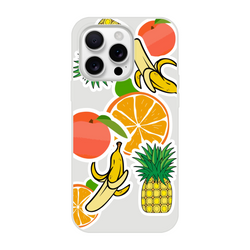 Transparent iPhone case featuring bold sticker-style graphics of oranges, bananas, and pineapples for a vibrant tropical streetwear aesthetic.