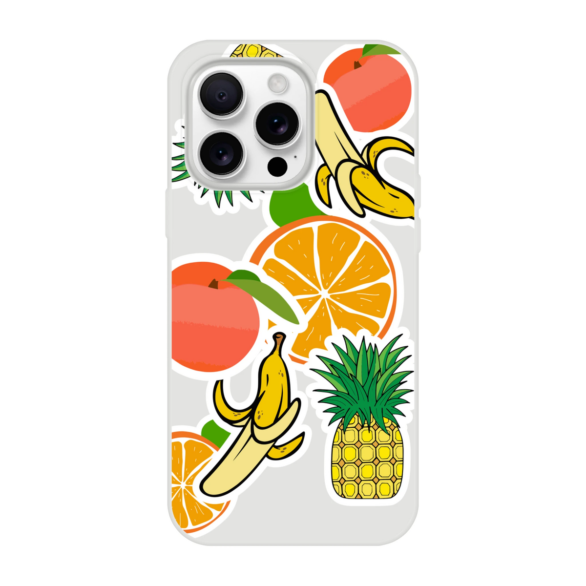 Transparent iPhone case featuring bold sticker-style graphics of oranges, bananas, and pineapples for a vibrant tropical streetwear aesthetic.