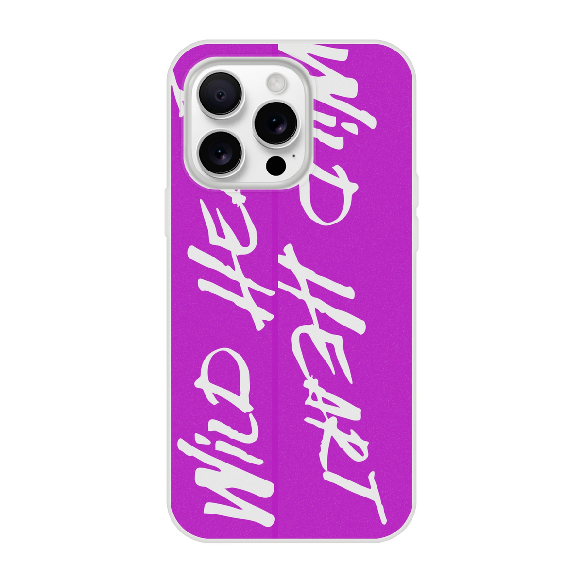 Cute Wild Heart iPhone Case (13-16) on purple with white abstract scribble design and triple-camera cutouts