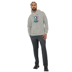 Panda DJ men's graphic hoodie in heather gray with colorful panda artwork; 50/50 cotton-poly blend, sizes S–XL.