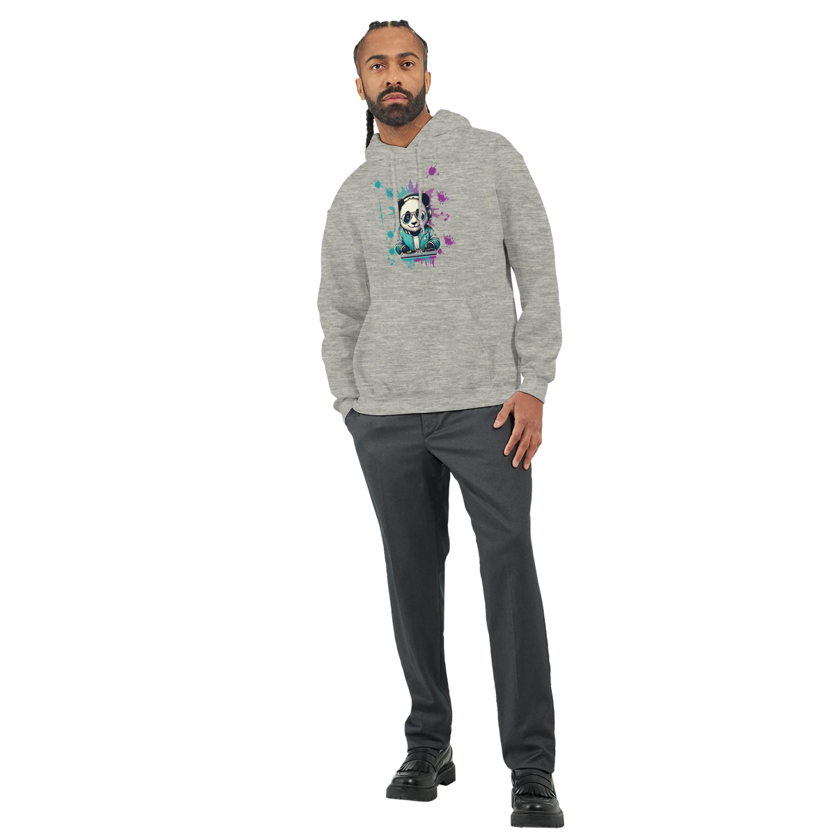 Panda DJ men's graphic hoodie in heather gray with colorful panda artwork; 50/50 cotton-poly blend, sizes S–XL.