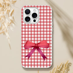 Red gingham bow iPhone case (13-16) in a cute coquette aesthetic with slim, protective design.