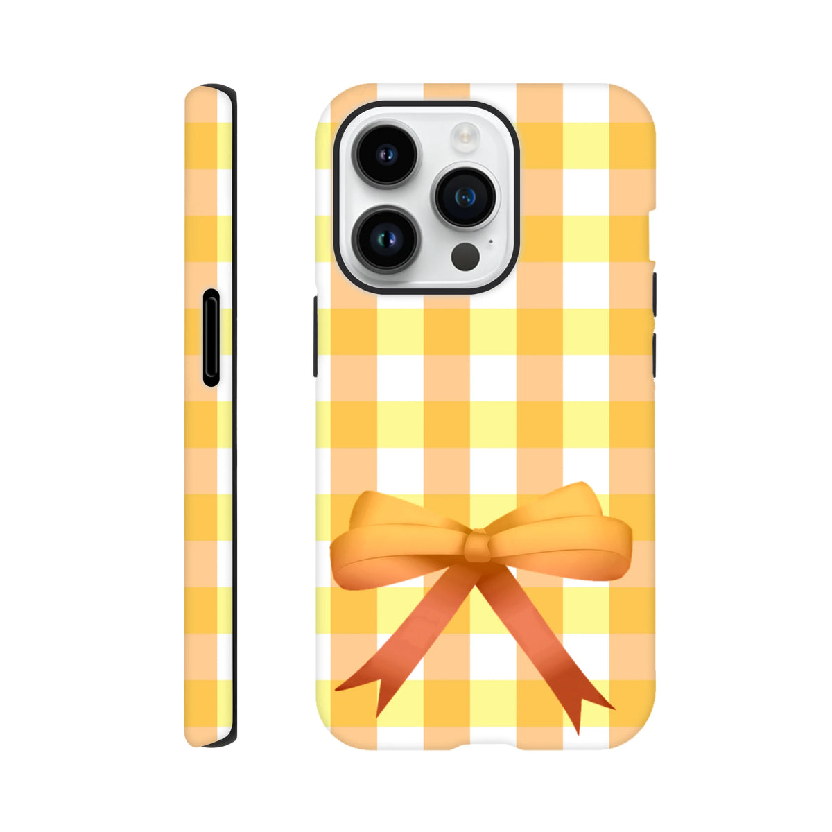 Yellow gingham iPhone case featuring a 3D orange bow and vintage grid pattern for a cute coquette street style look.