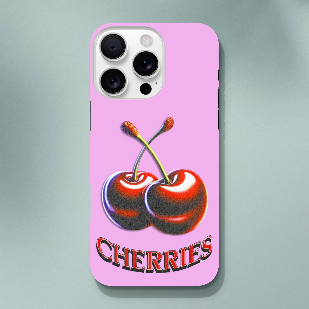 Pink Retro Cherry Tough iPhone Case for iPhone 13–16 with wraparound design and CHERRIES text