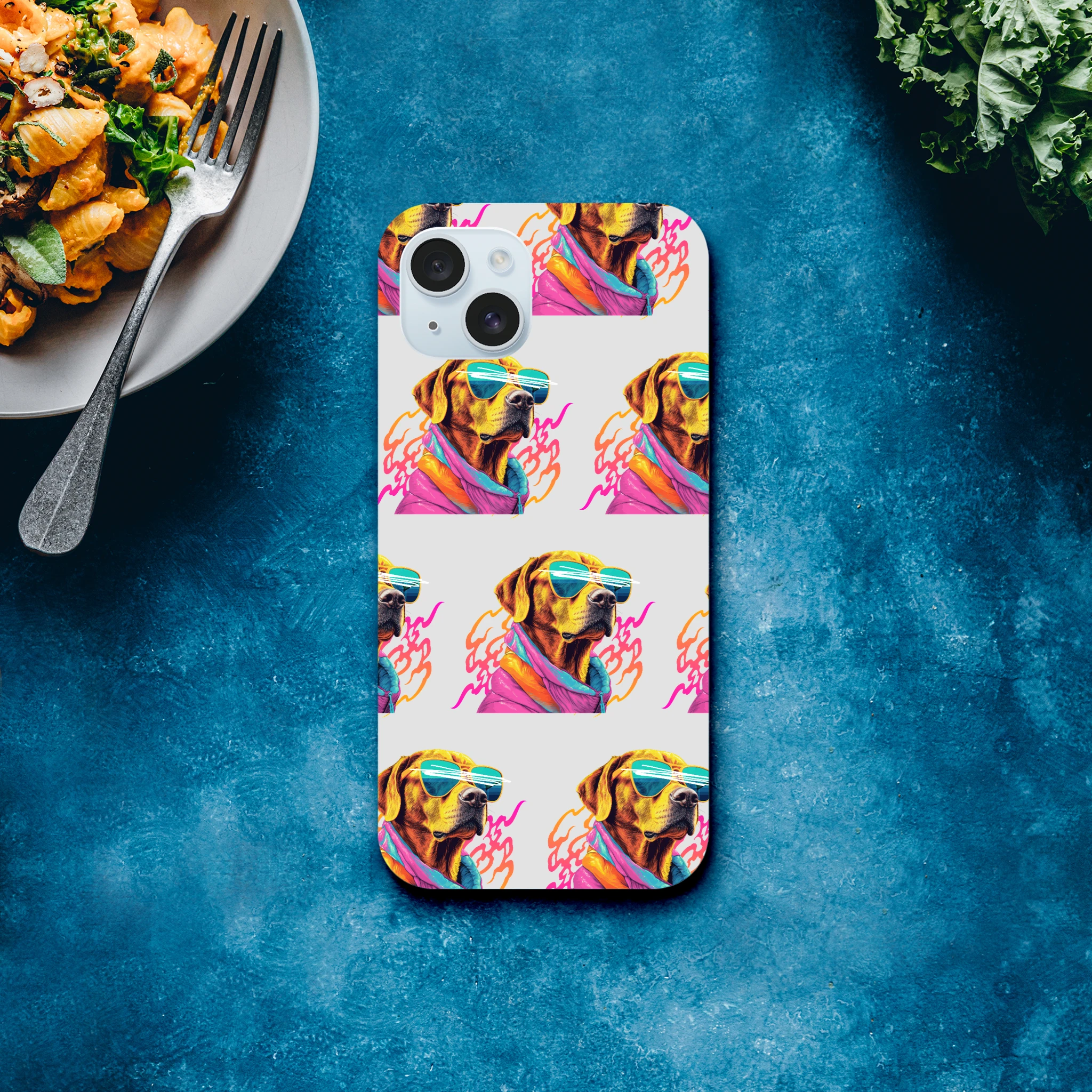 Tough dual-layer iPhone case with wraparound neon dog print wearing sunglasses for iPhone 16/15/14/13