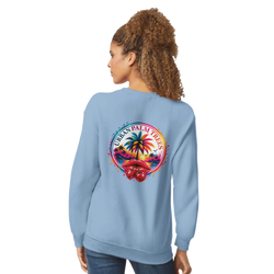 Light blue women's sweatshirt featuring a retro tropical back print with palm trees and cherry lips graphic.