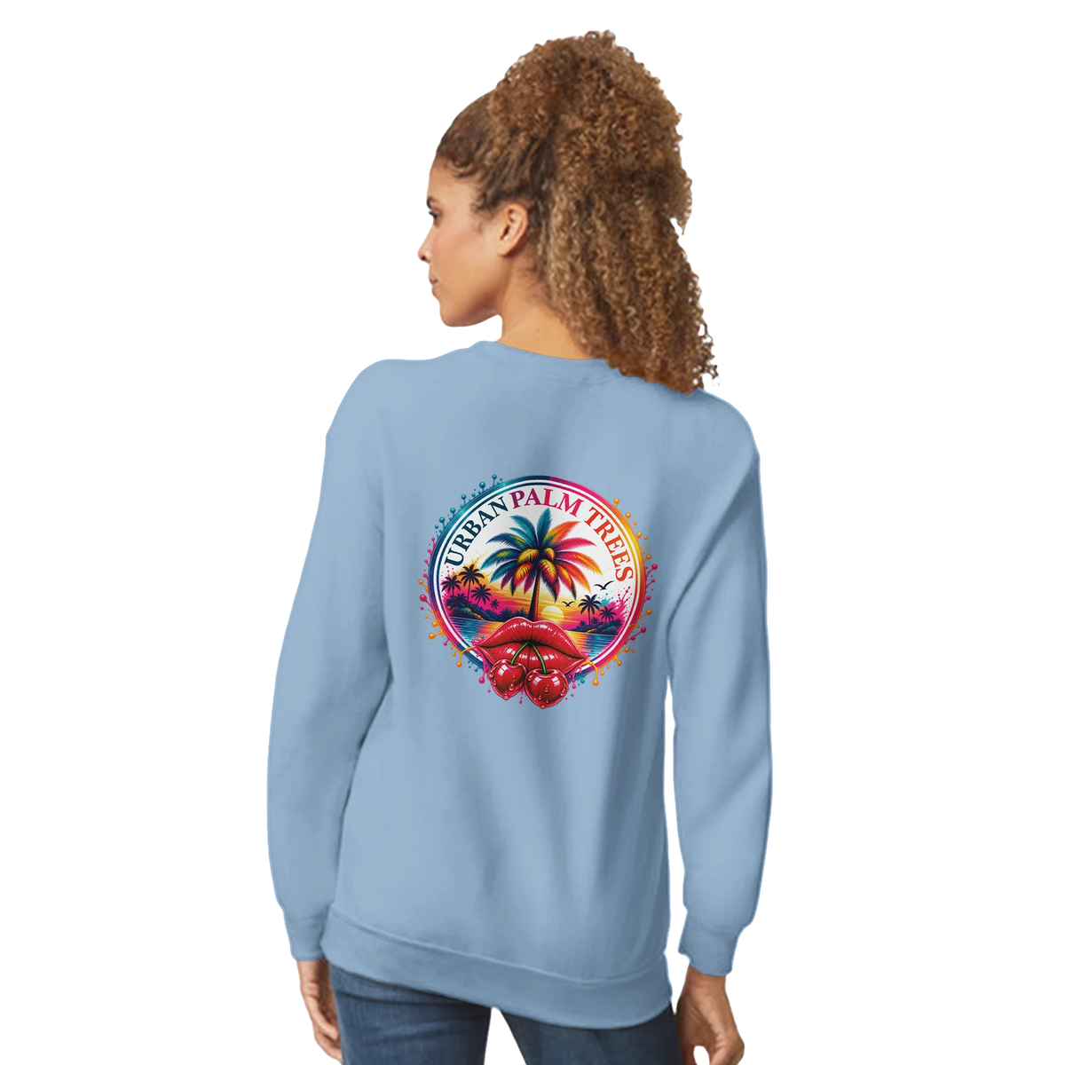 Light blue women's sweatshirt featuring a retro tropical back print with palm trees and cherry lips graphic.