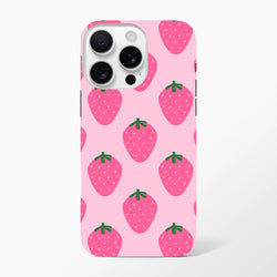 Pink tough iPhone case featuring a cute repeating strawberry pattern with green stems on a vibrant high-gloss background.