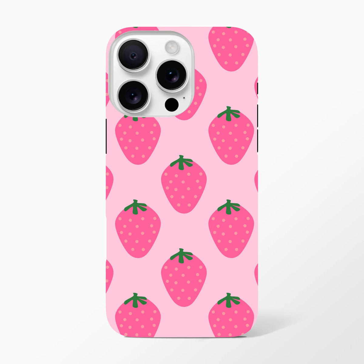 Pink tough iPhone case featuring a cute repeating strawberry pattern with green stems on a vibrant high-gloss background.