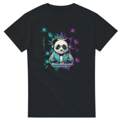 Black men's t-shirt featuring a colorful graphic of a panda DJ wearing sunglasses and headphones, mixing records with vibrant teal and purple neon splashes.
