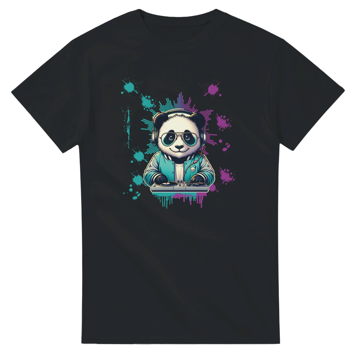 Black men's t-shirt featuring a colorful graphic of a panda DJ wearing sunglasses and headphones, mixing records with vibrant teal and purple neon splashes.