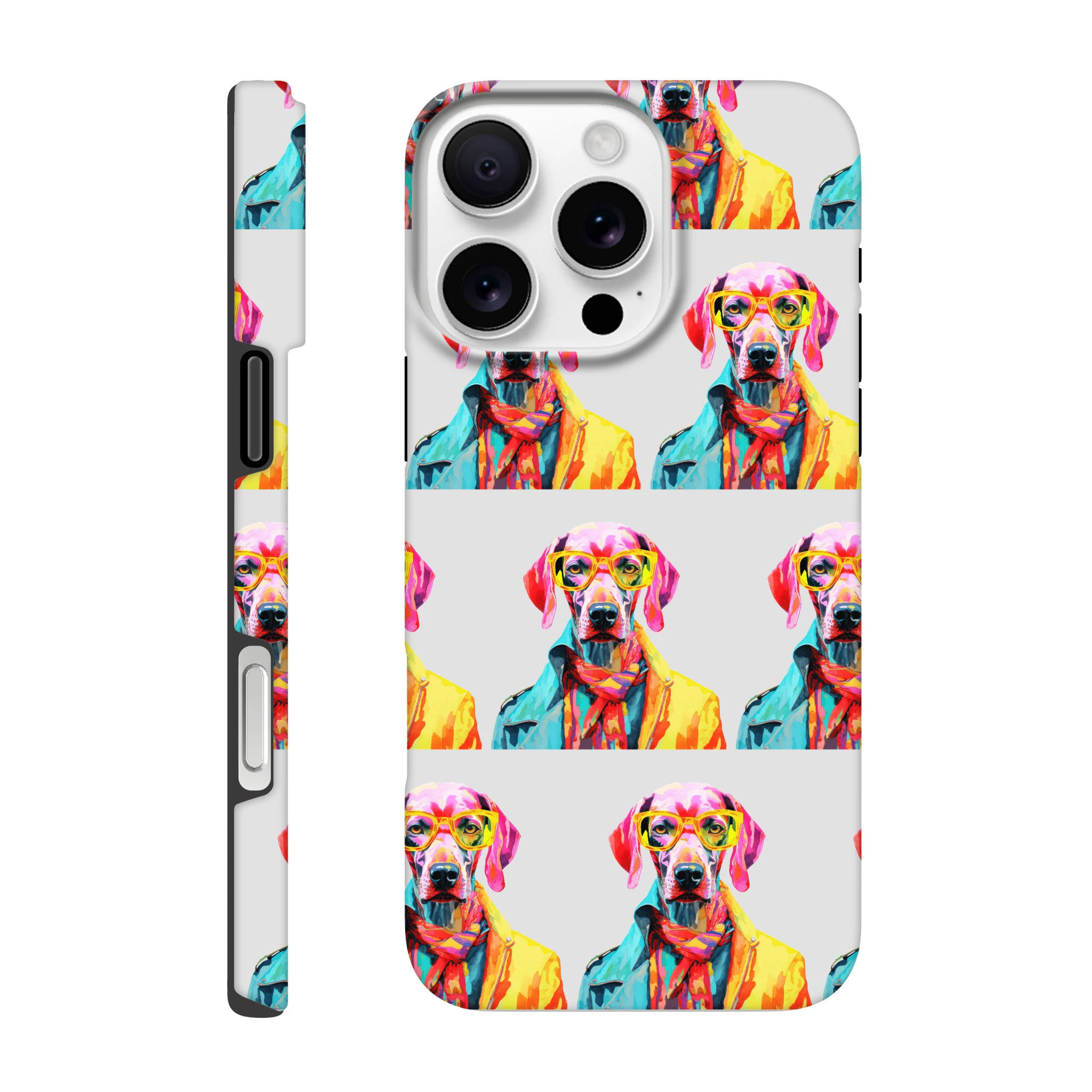 Colorful dog-wearing-sunglasses print on wraparound phone case with dual-layer protection for iPhone 16/15/14/13