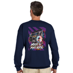Back view of men's navy retro boombox sweatshirt featuring colorful graphic print and "Made to Make Noise" text.