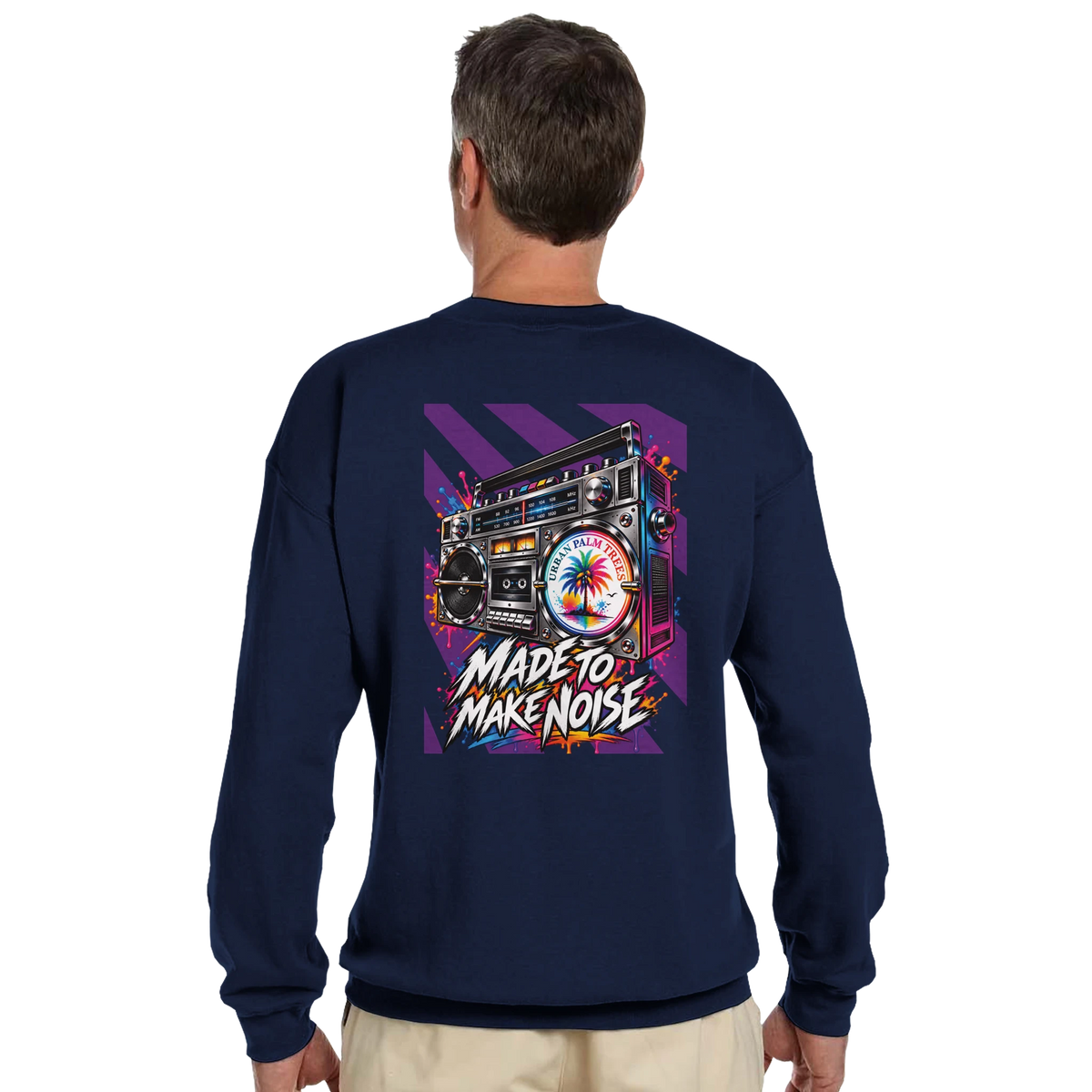 Back view of men's navy retro boombox sweatshirt featuring colorful graphic print and "Made to Make Noise" text.