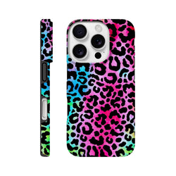 Rainbow leopard print tough iPhone case featuring vibrant animal print and drop protection for models 13 through 16.