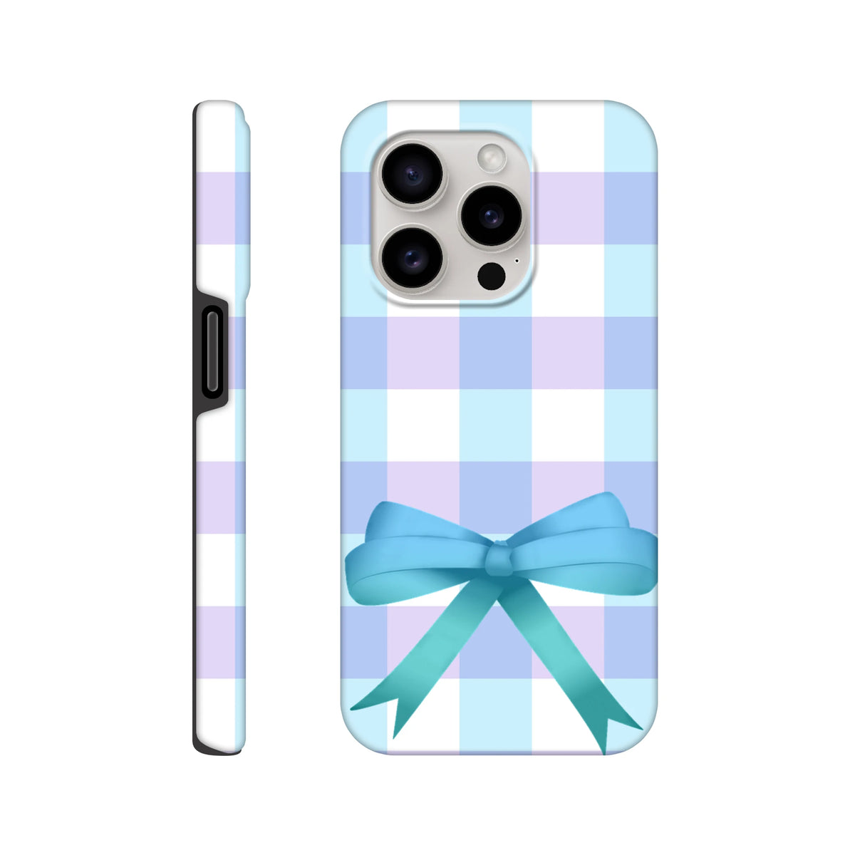 Blue gingham iPhone case with a large teal bow featuring pastel check pattern for a cute coquette aesthetic.