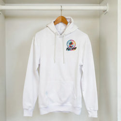 White men's streetwear hoodie with colorful Urban Palm Trees Full Send graphic logo hanging in a closet.