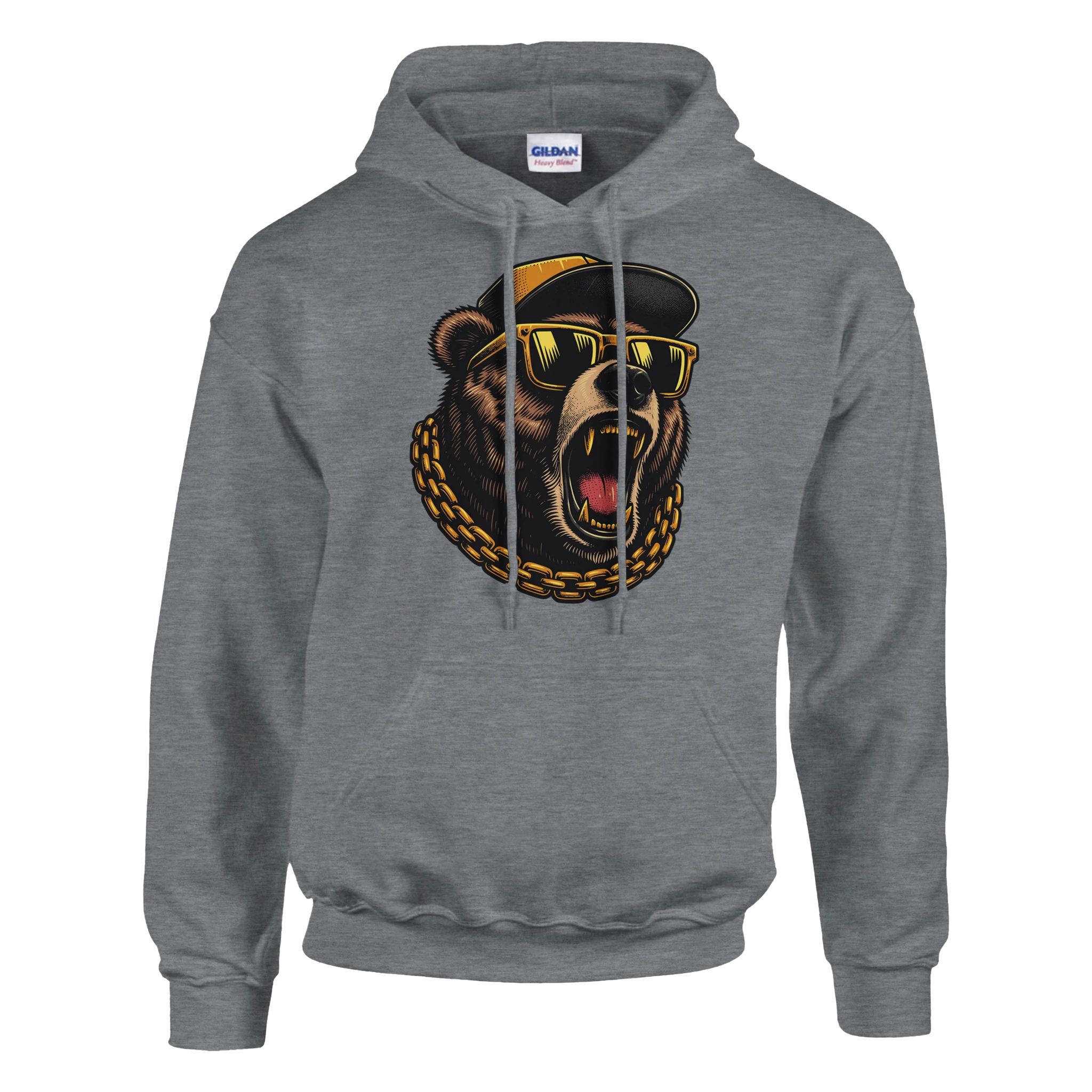 Men's Grizzly Bear Hoodie in gray, 50/50 cotton-poly, bold bear graphic with sunglasses and gold chain, sizes S–XL.