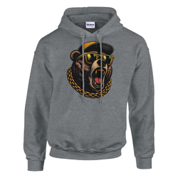 Men's Grizzly Bear Hoodie in gray, 50/50 cotton-poly, bold bear graphic with sunglasses and gold chain, sizes S–XL.