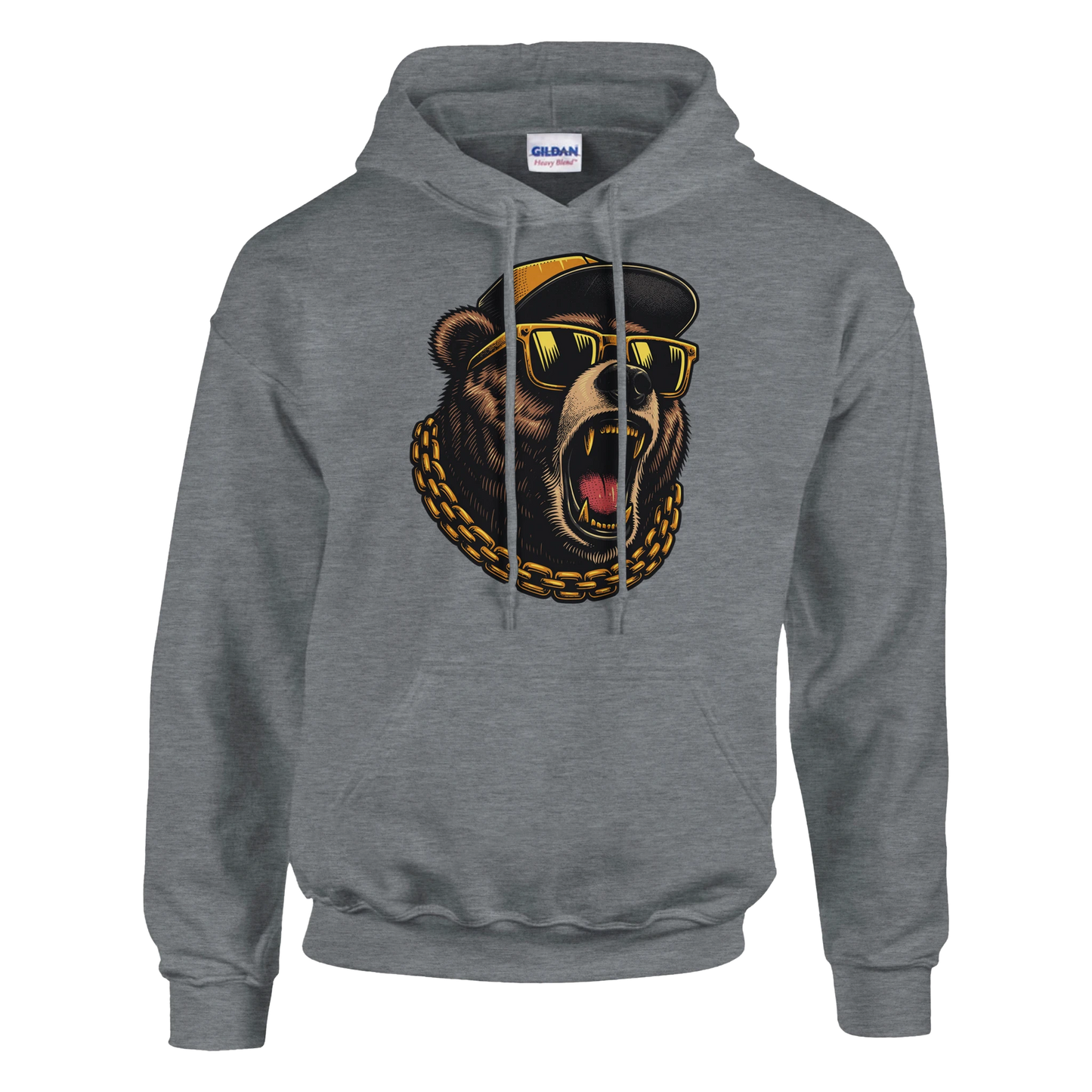 Gray men's grizzly bear hoodie with a bear graphic wearing sunglasses and a hat on a white background