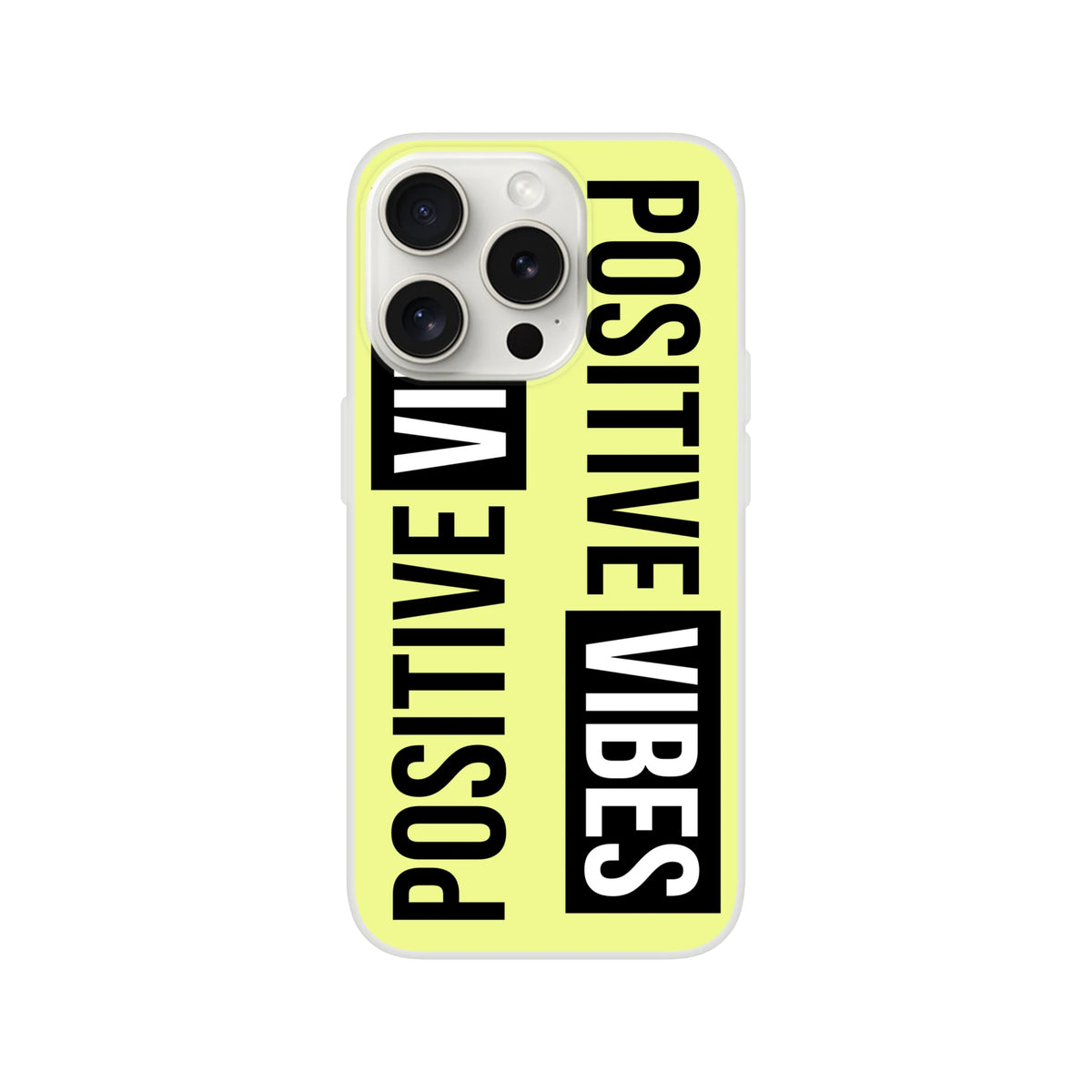 Cute Positive Vibes iPhone case for 13-16, slim matte neon yellow with bold black slogan