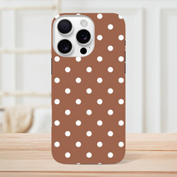 Retro brown and white polka dot tough iPhone case. Dual-layer impact resistance with shock-absorbing TPU for iPhone 13-16 Pro Max.
