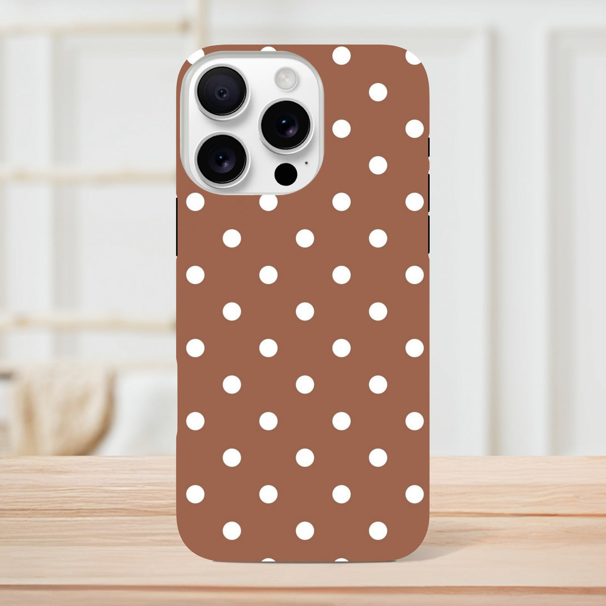 Retro brown and white polka dot tough iPhone case. Dual-layer impact resistance with shock-absorbing TPU for iPhone 13-16 Pro Max.