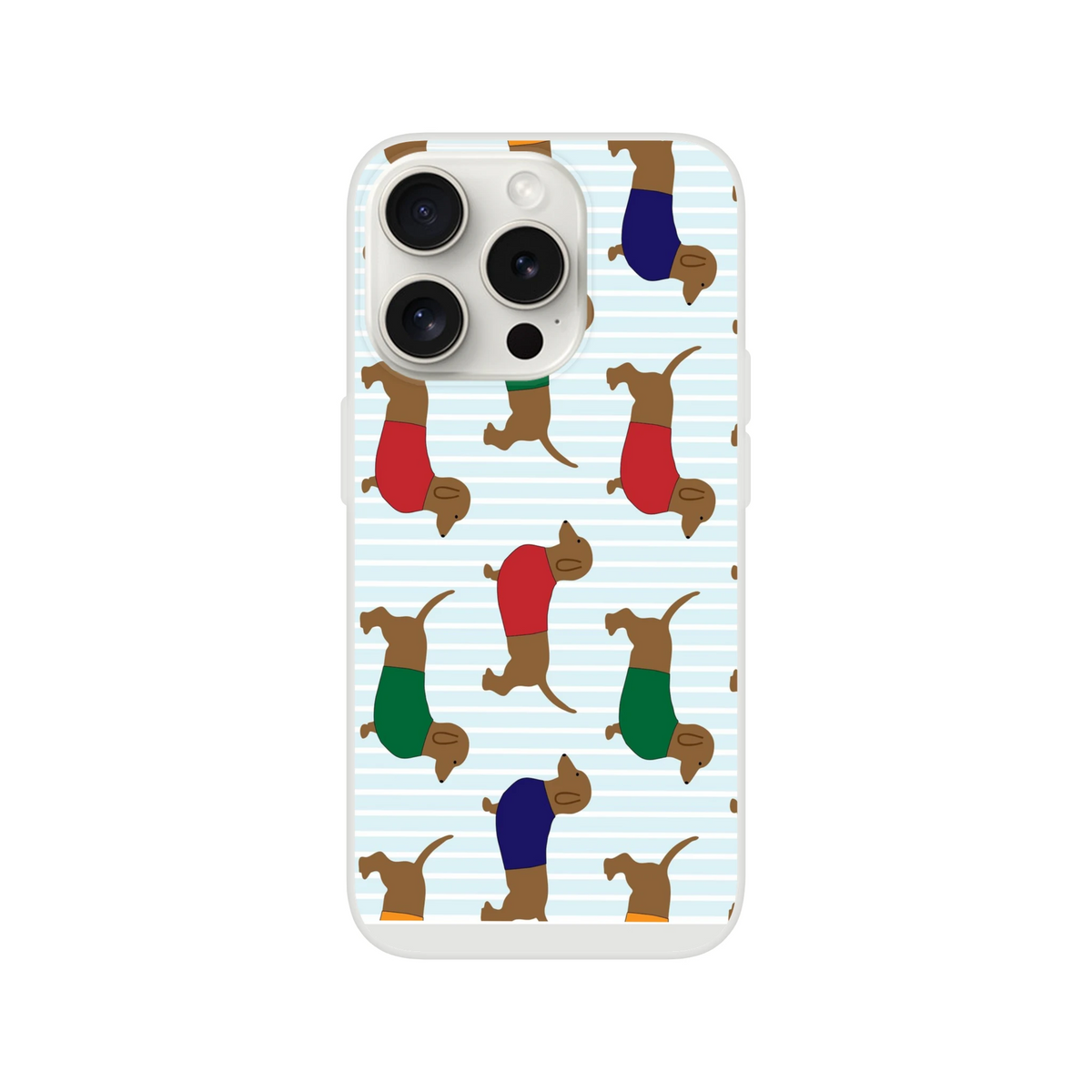 Dachshund pattern iPhone case with light blue stripes and playful sausage-dog silhouettes