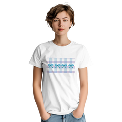 Cute Blue Bow Gingham T-shirt for Women with pastel gingham panel and blue bows.