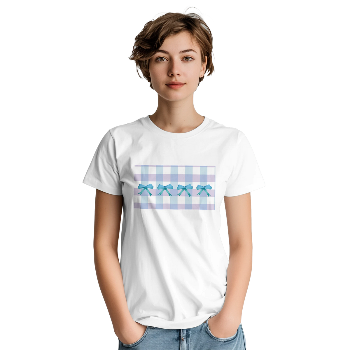 Cute Blue Bow Gingham T-shirt for Women with pastel gingham panel and blue bows.