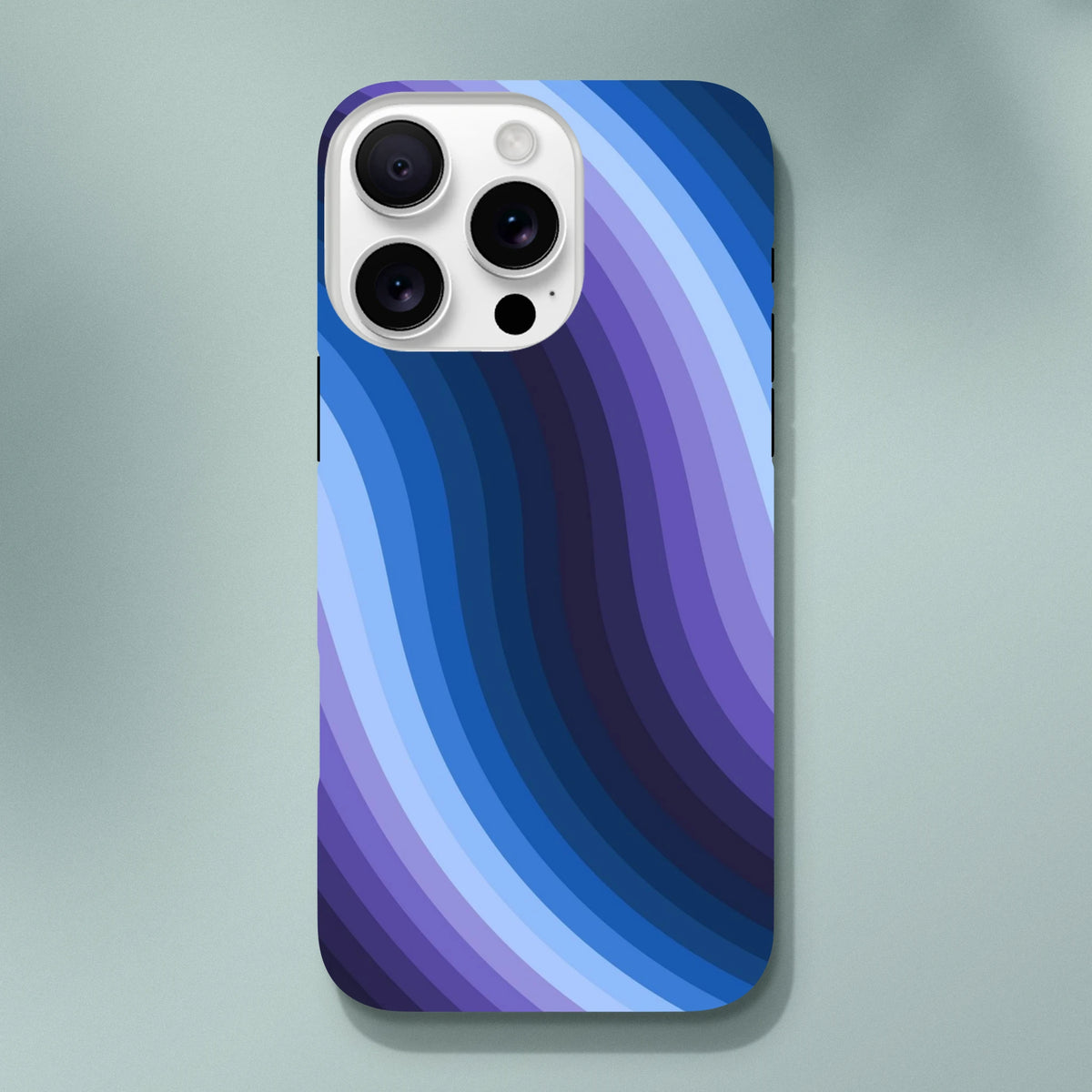 Blue retro wave iPhone case with Y2K wavy stripes, tough protective cover for iPhone 13-16 models.