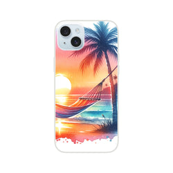 Tropical beach sunset design on a slim iPhone case with palm trees, hammock, and ocean hues; fits iPhone 16-13.