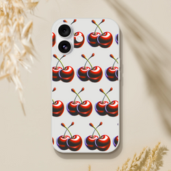 Cherries pattern slim protective phone case, transparent frosty finish for iPhone 13–16.