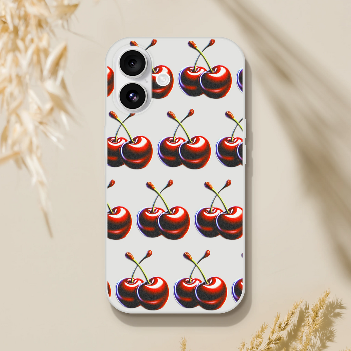 Cherries pattern slim protective phone case, transparent frosty finish for iPhone 13–16.