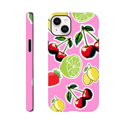Pink tough iPhone case featuring a cherry, lime, and lemon sticker effect design for shock absorption and streetwear style.