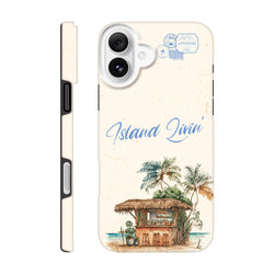 Island Beach Bar iPhone Case featuring tropical palm tree hut illustration and Island Livin script for iPhone 13-16 holiday protection.