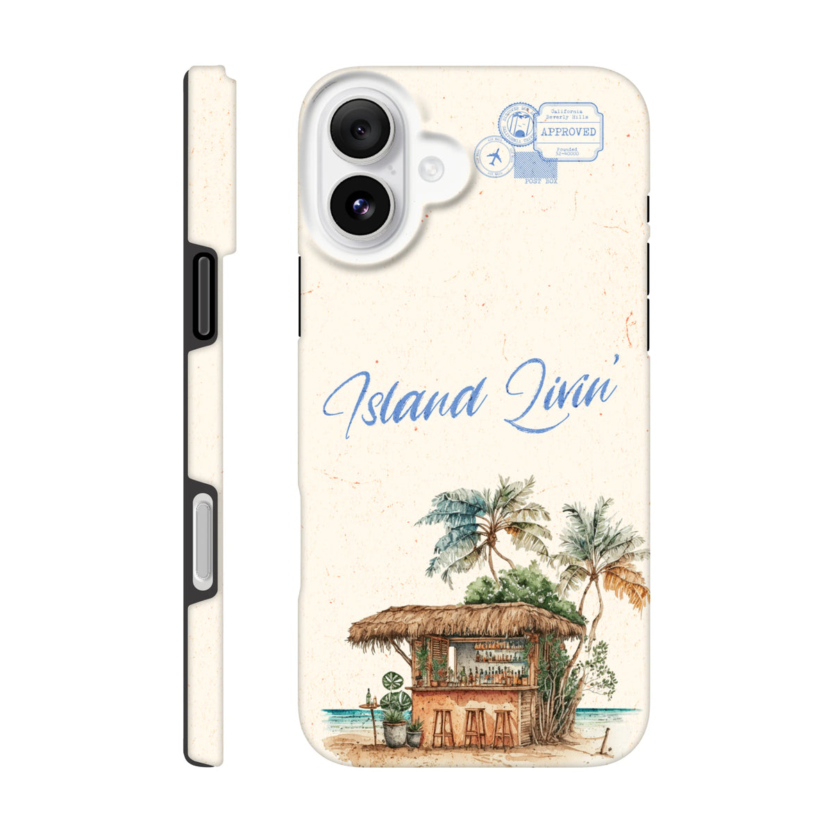 Island Beach Bar iPhone Case featuring tropical palm tree hut illustration and Island Livin script for iPhone 13-16 holiday protection.