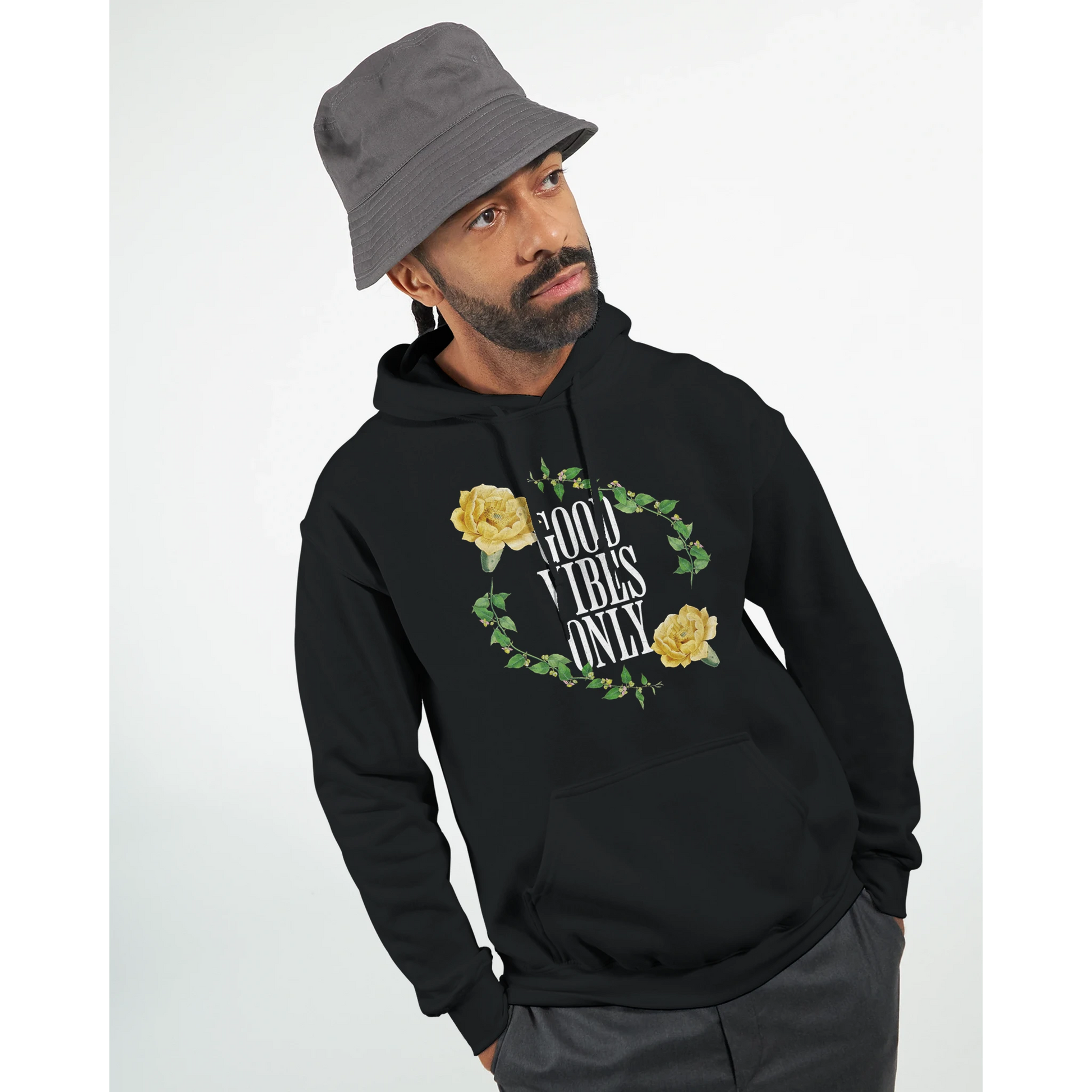 Man wearing men's Good Vibes Only slogan hoodie with floral wreath design.