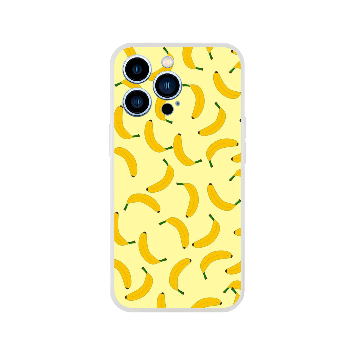 Banana-pattern yellow iPhone case (13-16) with slim matte shell and protective, shock-absorbing design.