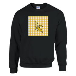Black sweatshirt featuring a retro peeled banana graphic on a yellow gingham background for a cute fruit-themed streetwear look.