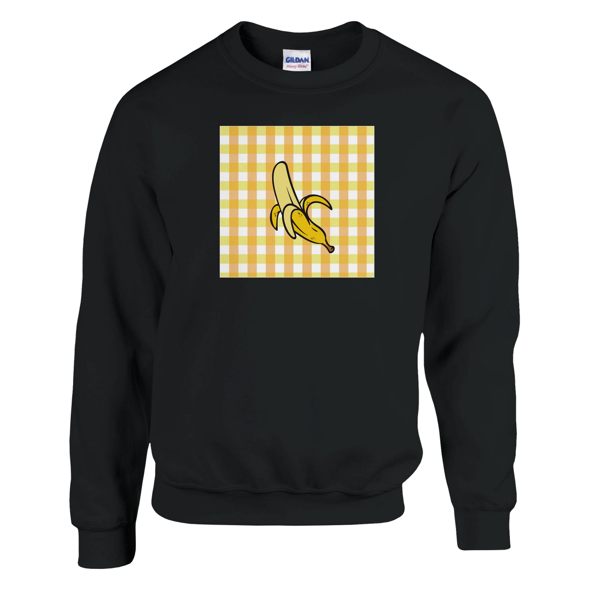 Black sweatshirt featuring a retro peeled banana graphic on a yellow gingham background for a cute fruit-themed streetwear look.